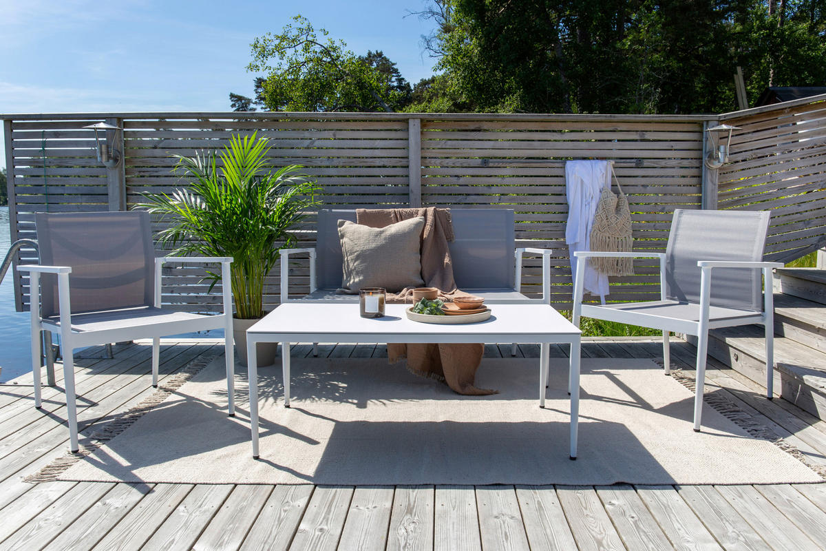 LOUNGEGARNITUR 4-teilig   Aluminium  - Weiß/Grau, KONVENTIONELL, Glas/Textil - Gardenson