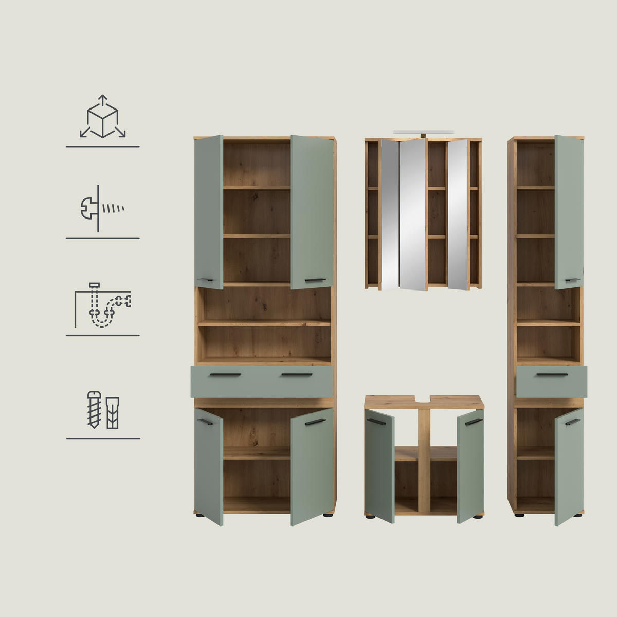 BADEZIMMER 5-teilig  in 195 cm  - Salbeigrün/Schwarz, Trend, Glas/Holzwerkstoff (195cm) - MID.YOU
