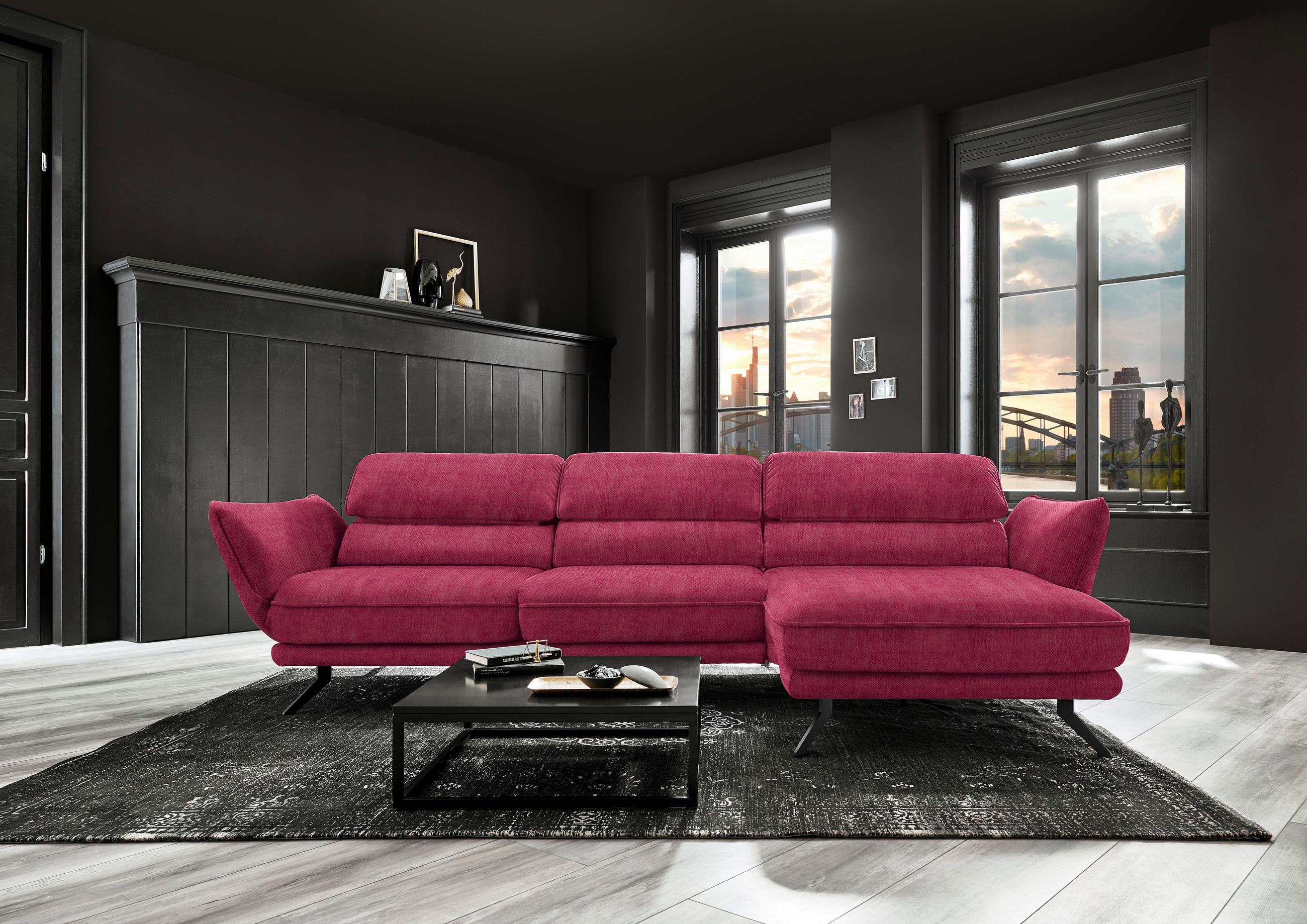 ECKSOFA in Velours Beere  283/153 cm  - Beere/Schwarz, Design, Textil/Metall (283/153cm) - Valdera