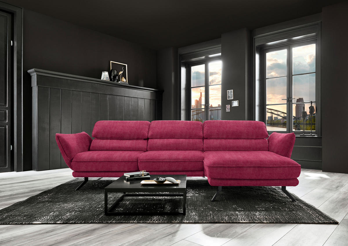 ECKSOFA in Velours Beere  283/153 cm  - Beere/Schwarz, Design, Textil/Metall (283/153cm) - Valdera