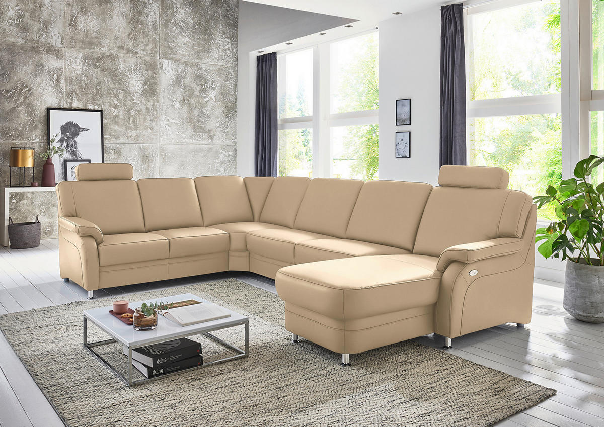 WOHNLANDSCHAFT  in Echtleder Beige  - Beige/Alufarben, KONVENTIONELL, Leder/Metall (239/329/165cm) - Beldomo Premium