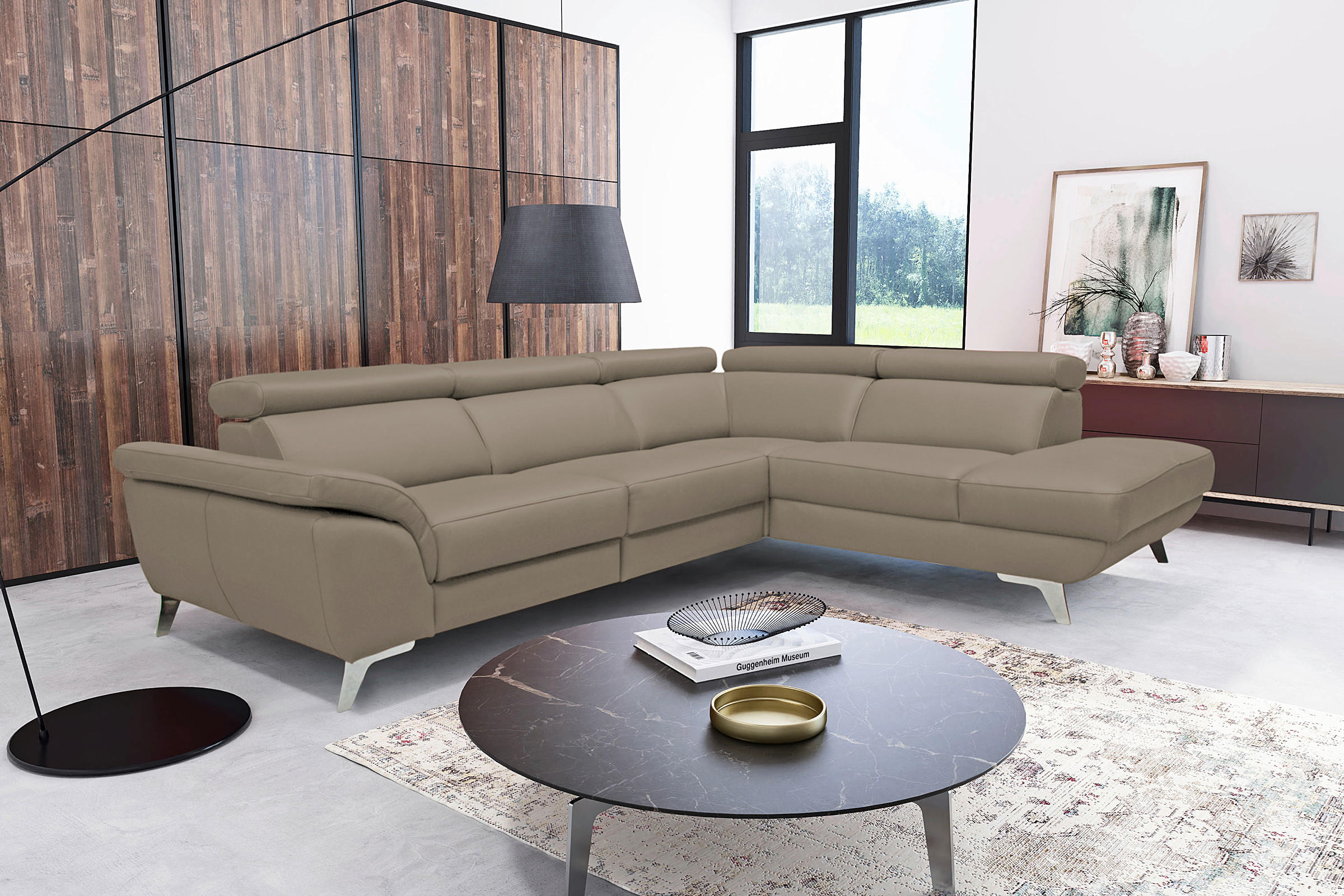 ECKSOFA Echtleder Taupe  - Taupe/Silberfarben, Design, Leder/Metall (228/283cm) - Livetastic