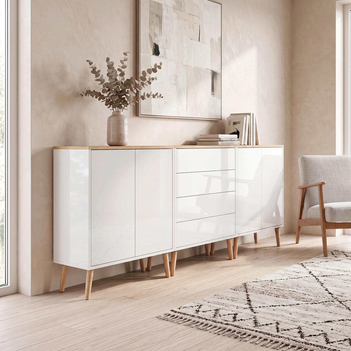 SIDEBOARD Mailand Set 5 + HF 237/86/33 cm 4 Schublade(n)  - Weiß Hochglanz/Eiche Artisan, MODERN, Holz/Holzwerkstoff (237/86/33cm) - MID.YOU