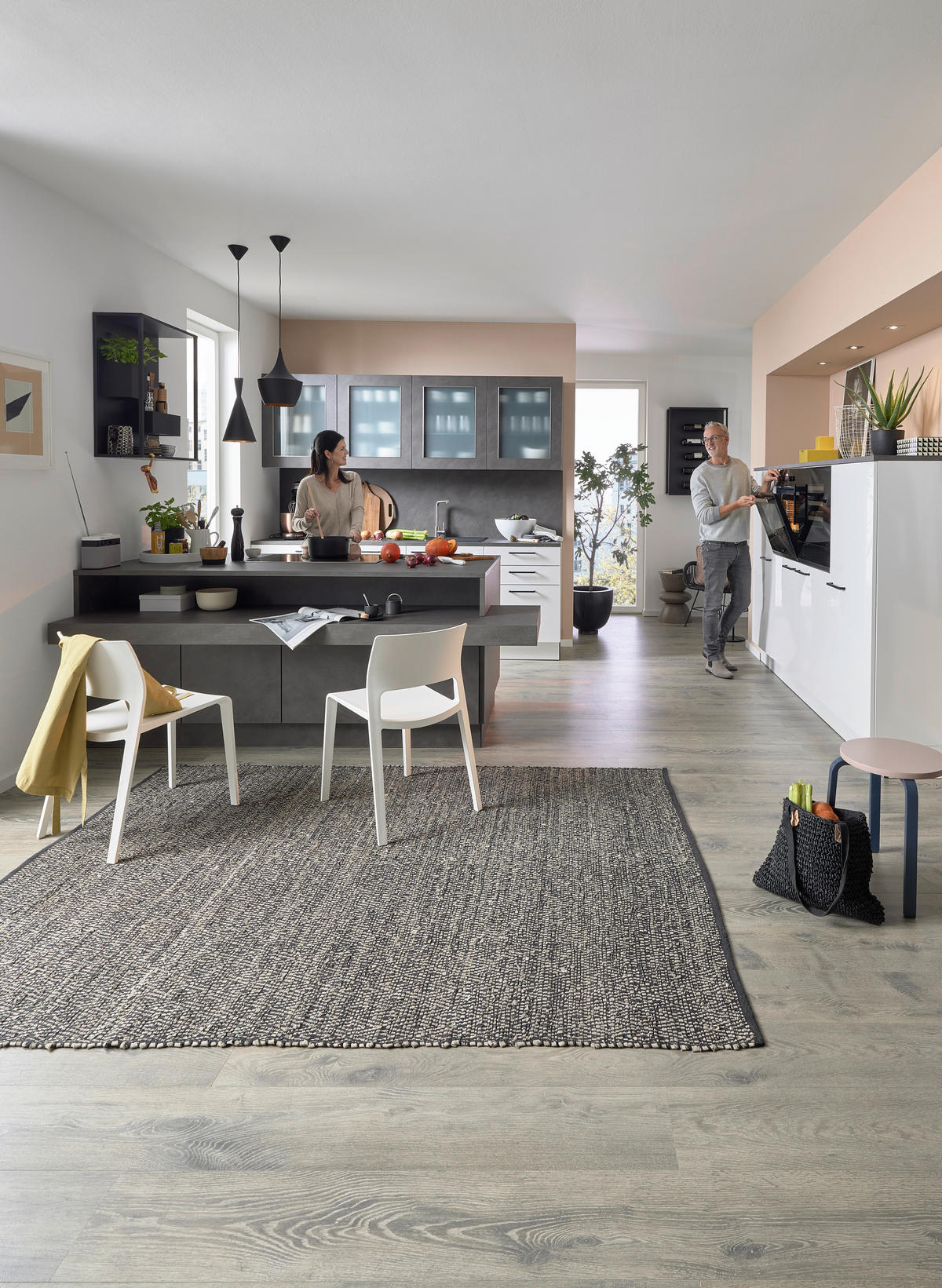 EINBAUKÜCHE DK411  - Weiß Hochglanz/Grau, Design, Holzwerkstoff - Dieter Knoll