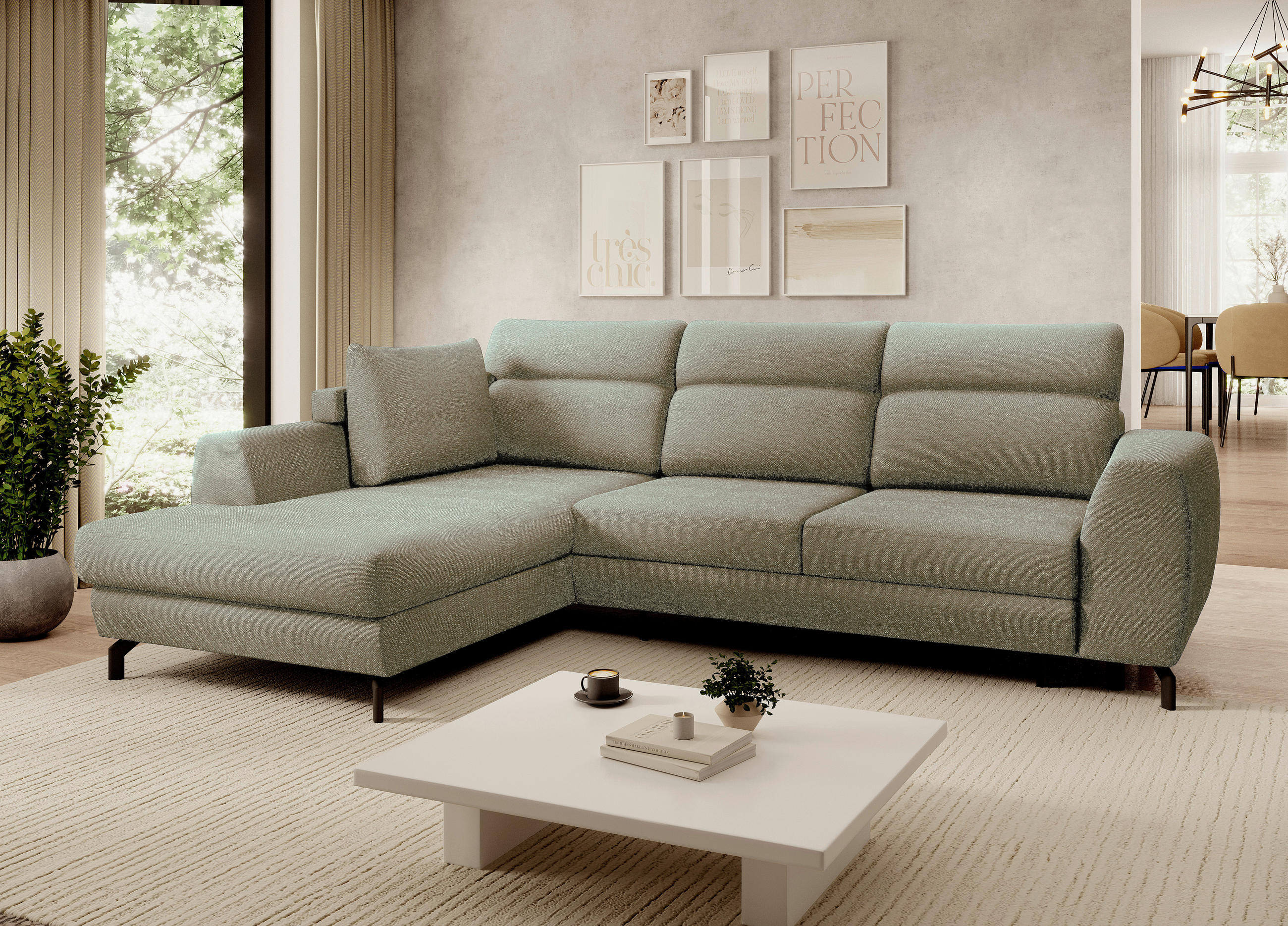 ECKSOFA Olivgrün Chenille  - Schwarz/Olivgrün, KONVENTIONELL, Textil/Metall (185/240cm) - Carryhome