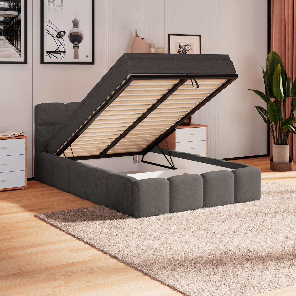 POLSTERBETT 140/200 cm,  in Anthrazit, Matratze, Bettkasten, H3 = fest  - Anthrazit/Schwarz, Trend, Kunststoff/Textil (140/200cm)