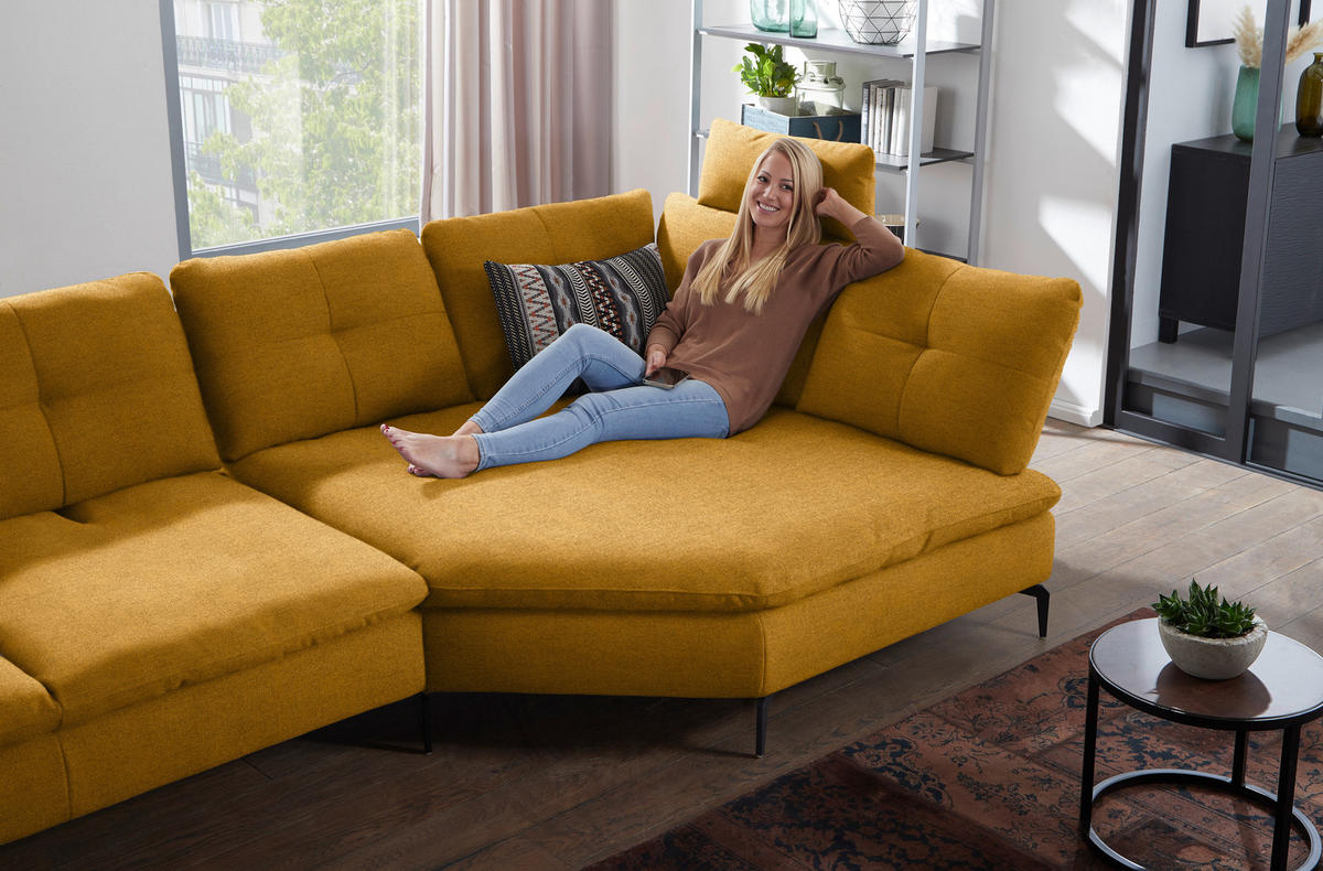 ECKSOFA in Flachgewebe Currygelb  344/157 cm  - Currygelb/Schwarz, Design, Textil/Metall (344/157cm) - Chilliano