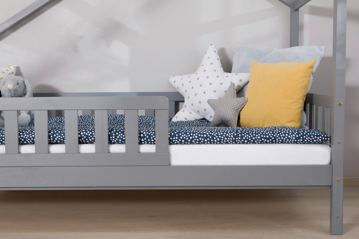 HAUSBETT  in Hellgrau, Absturzsicherung, Matratze, Rollrost, Bettkasten  - Hellgrau/Weiß, MODERN, Holz/Textil (90/200cm) - MID.YOU