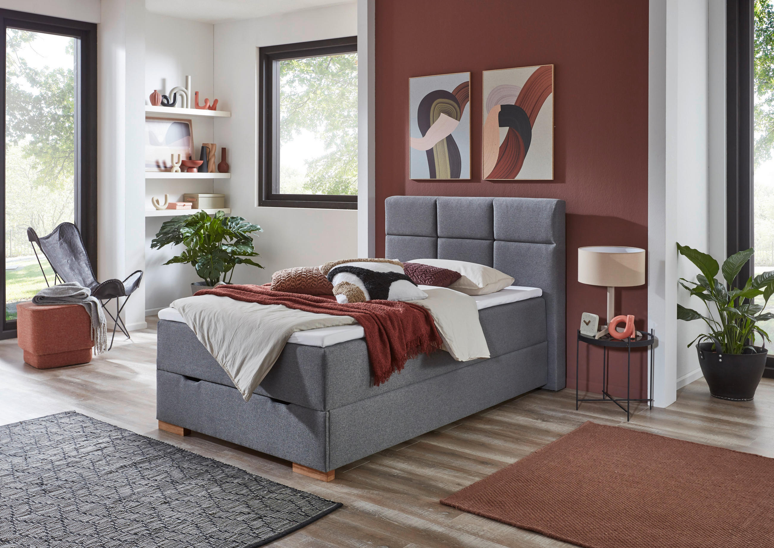 BOXSPRINGBETT 140/200 cm  in Grau  - Eichefarben/Grau, Basics, Holz/Textil (140/200cm) - home24