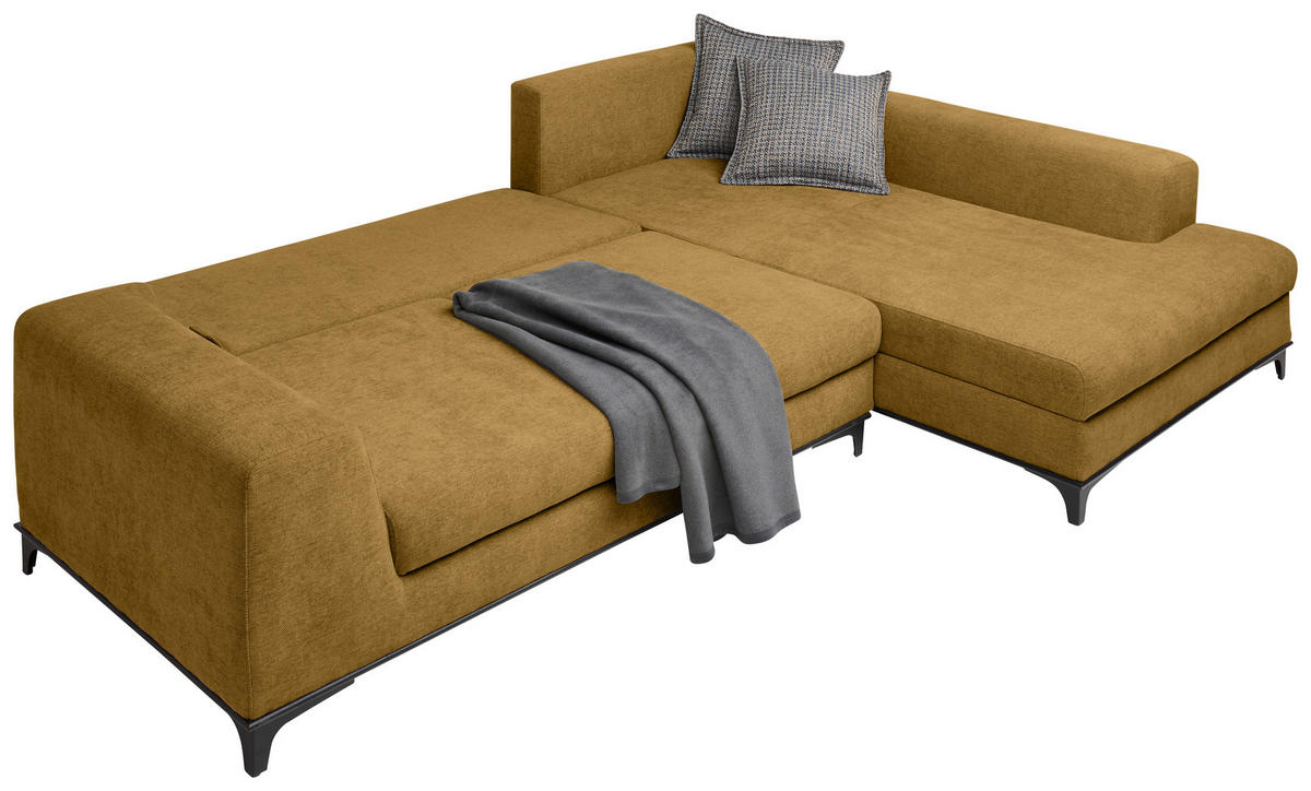 ECKSOFA inkl. Funktionen Senfgelb Webstoff Rückenkissen, Bettkasten, Schlaffunktion, Rücken echt  - Wengefarben/Senfgelb, Design, Holz/Textil (314/211cm) - Stylife