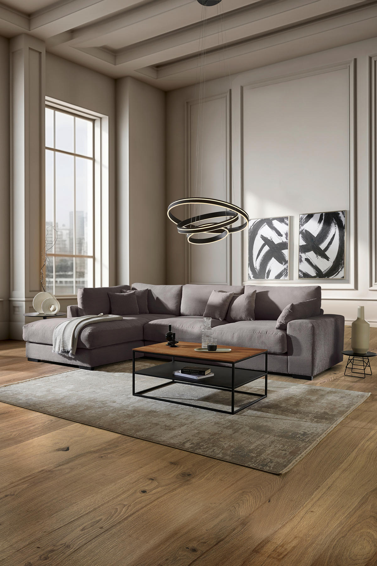 ECKSOFA in Cord Dunkelgrau  - Dunkelgrau/Schwarz, Design, Kunststoff/Textil (205/340cm) - Lomoco