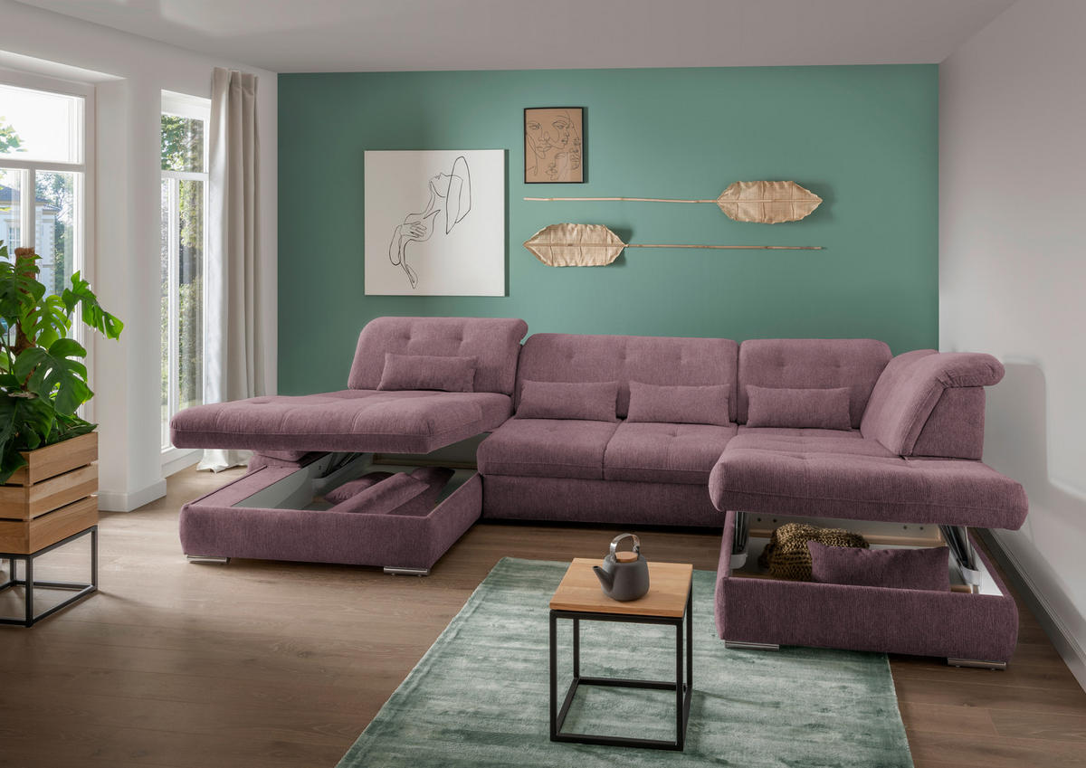 WOHNLANDSCHAFT in Chenille Brombeere  - Chromfarben/Brombeere, Design, Textil/Metall (195/376/254cm) - Livetastic