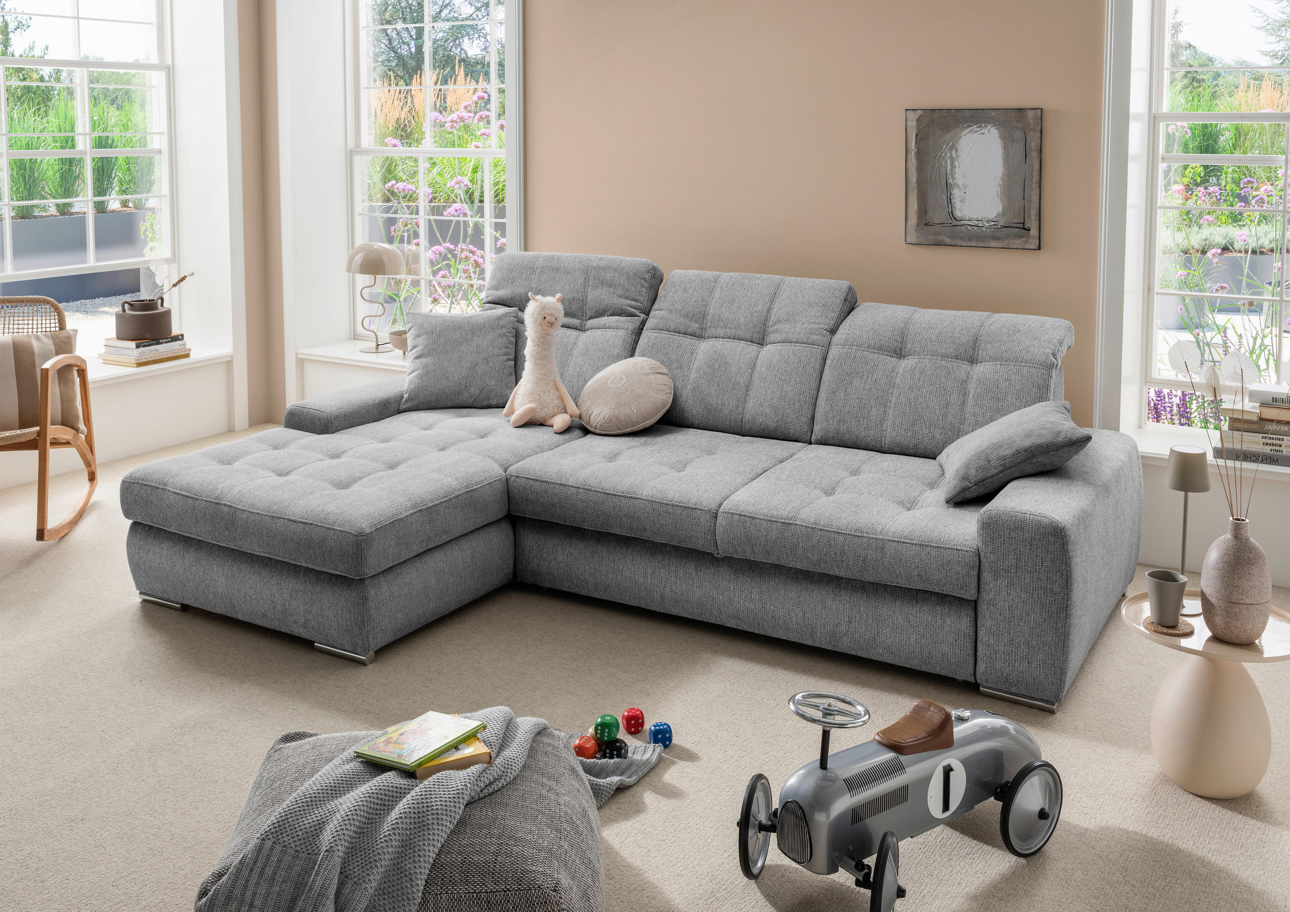 ECKSOFA FRIDO Dunkelgrau Chenille Rücken echt, Kopfteilverstellung, Sitztiefenverstellung  - Chromfarben/Dunkelgrau, KONVENTIONELL, Textil/Metall (186/283cm) - Livetastic