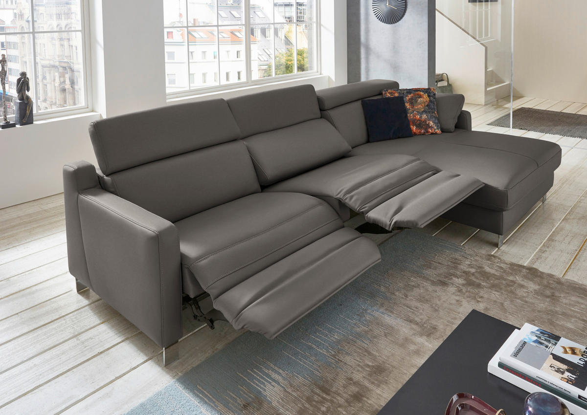 ECKSOFA in Echtleder Graubraun  - Chromfarben/Graubraun, Design, Leder/Metall (291/176cm) - Valdera