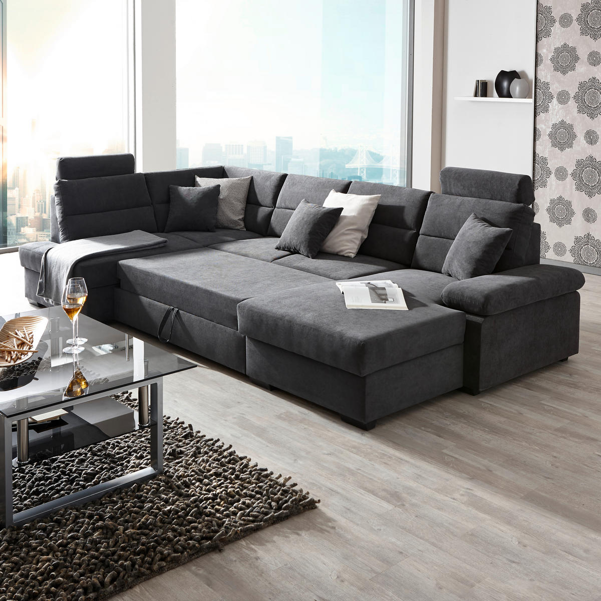 WOHNLANDSCHAFT inkl.Funktionen Anthrazit Webstoff  - Dunkelbraun/Anthrazit, KONVENTIONELL, Kunststoff/Textil (183/319/166cm) - Cantus