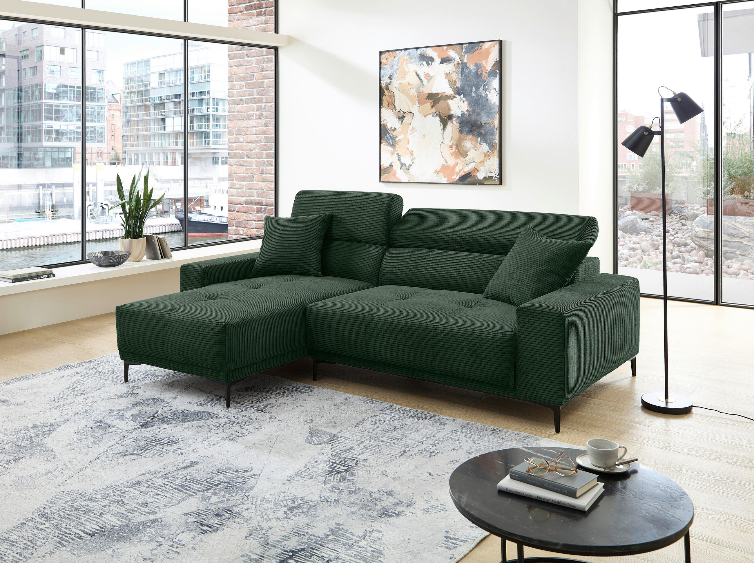 ECKSOFA Cord Dunkelgrün  - Dunkelgrün/Schwarz, Basics, Textil/Metall (183/250cm) - Livetastic