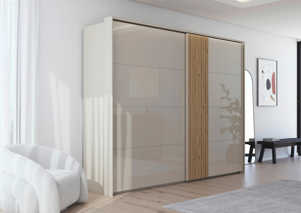 SCHWEBETÜRENSCHRANK  in Eichefarben, Champagner  - Champagner/Eichefarben, Design, Glas/Holzwerkstoff (281/223/68cm) - Novel