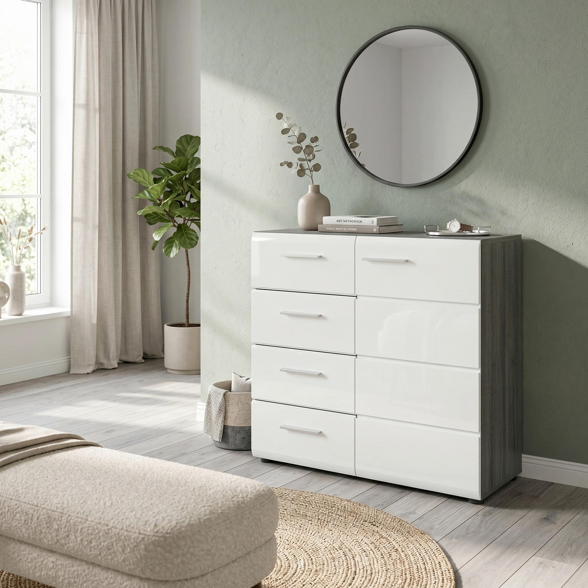 KOMMODE , 80/85/37 cm, 4 Schublade(n)  - Weiß Hochglanz/Silberfarben, Design, Holzwerkstoff/Kunststoff (80/85/37cm) - MID.YOU