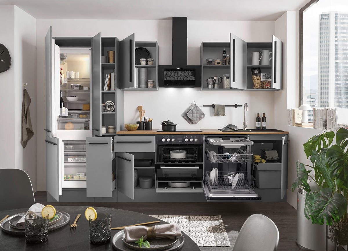 KÜCHENBLOCK 310 cm   in Grau, Eichefarben  - Eichefarben/Schwarz, Design, Holzwerkstoff/Kunststoff (310cm) - MID.YOU