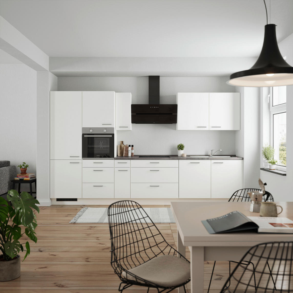 BUCĂTĂRIE FĂRĂ ELECTROCASNICE  - alb/culoare inox, Modern, metal/material pe bază de lemn (360cm) - Nobilia