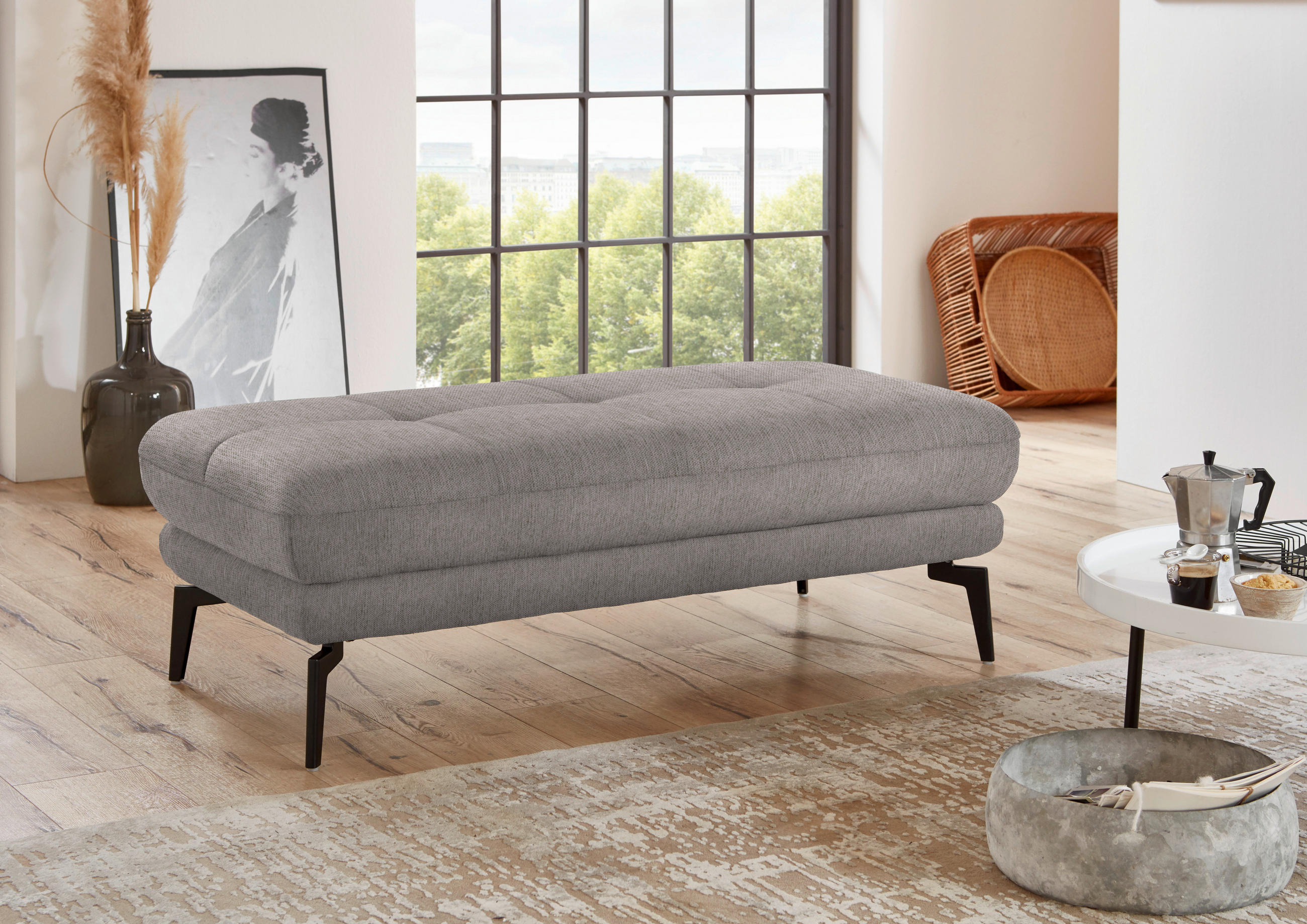 HOCKER in Textil Greige  - Greige/Schwarz, Design, Textil/Metall (132/45/68cm) - Beldomo Style