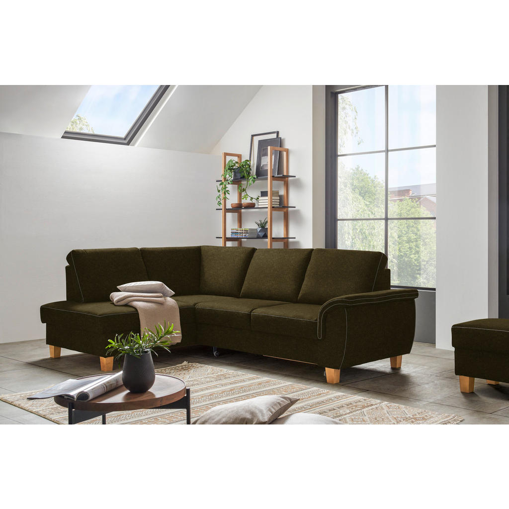 Thumbnail - Cantus Ecksofa, Olivgrün, Textil, Eiche, Uni, 4-Sitzer, Ottomane links, L-Form, 253x185 cm, Stoffauswahl, Liegefunktion,...