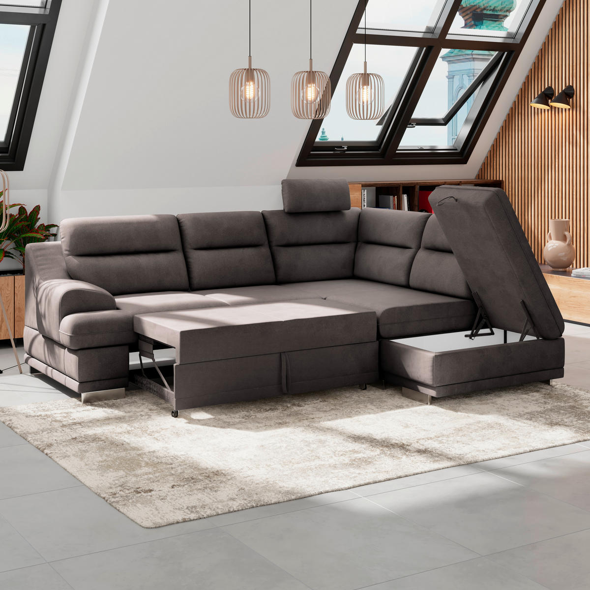 WOHNLANDSCHAFT Braun Velours  - Chromfarben/Braun, KONVENTIONELL, Textil/Metall (264/217cm) - MID.YOU
