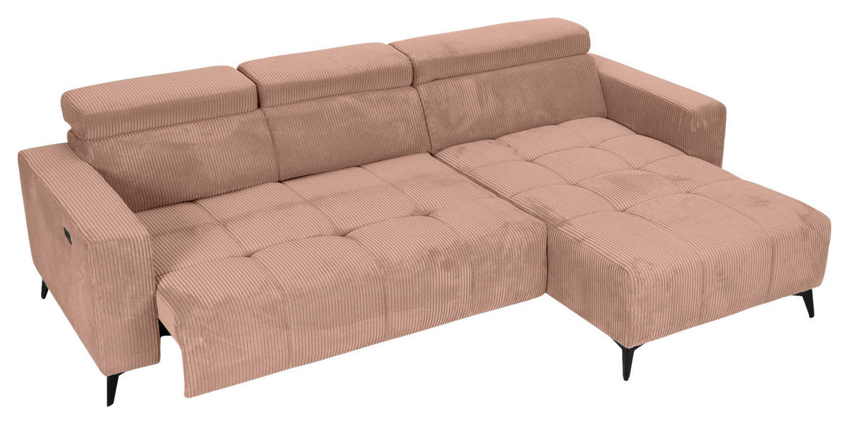 ECKSOFA Altrosa Cord Rücken echt, Kopfteilverstellung, Sitzvorzug  - Schwarz/Altrosa, KONVENTIONELL, Textil/Metall (257/170cm) - Carryhome