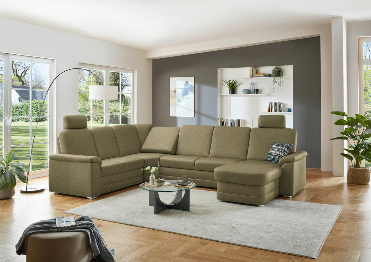 WOHNLANDSCHAFT  in Chenille Schilfgrün  - Schilfgrün/Alufarben, KONVENTIONELL, Holz/Textil (235/329/160cm) - Beldomo Comfort