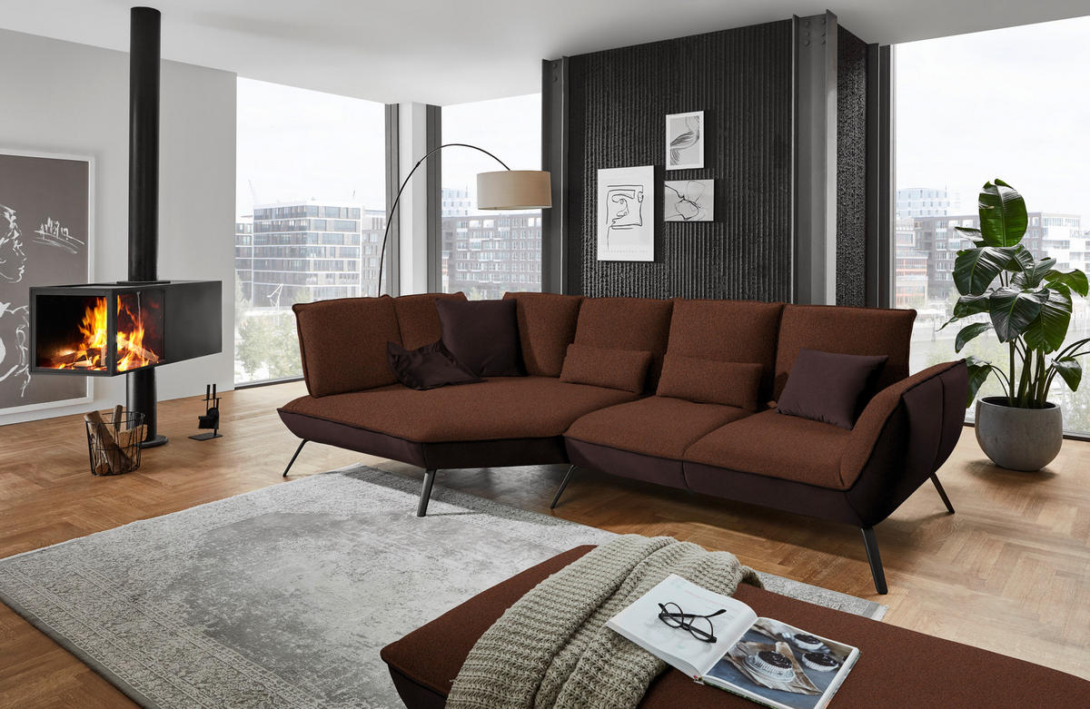 ECKSOFA in Flachgewebe Kupferfarben  - Schwarz/Kupferfarben, Design, Textil/Metall (169/320cm) - Moderano