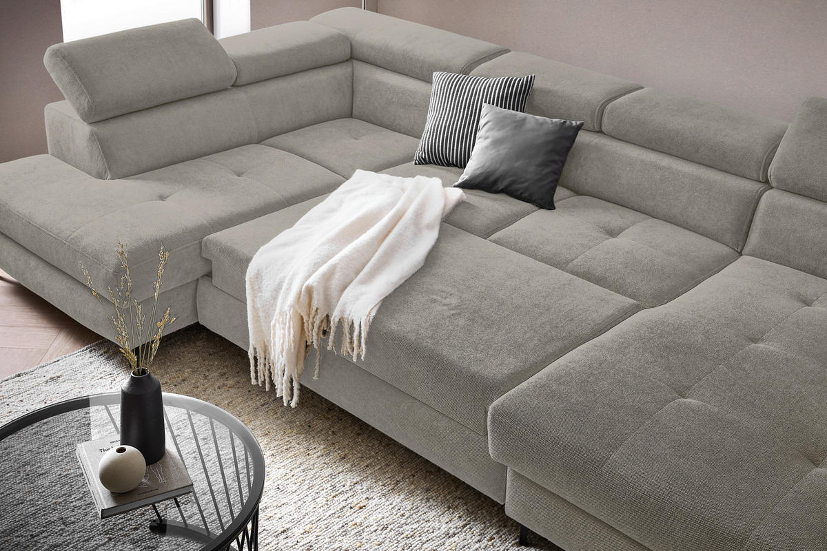 WOHNLANDSCHAFT inkl. Funktion Dunkelgrau Flachgewebe  - Dunkelgrau/Schwarz, MODERN, Textil/Metall (180/333/206cm) - Stylife