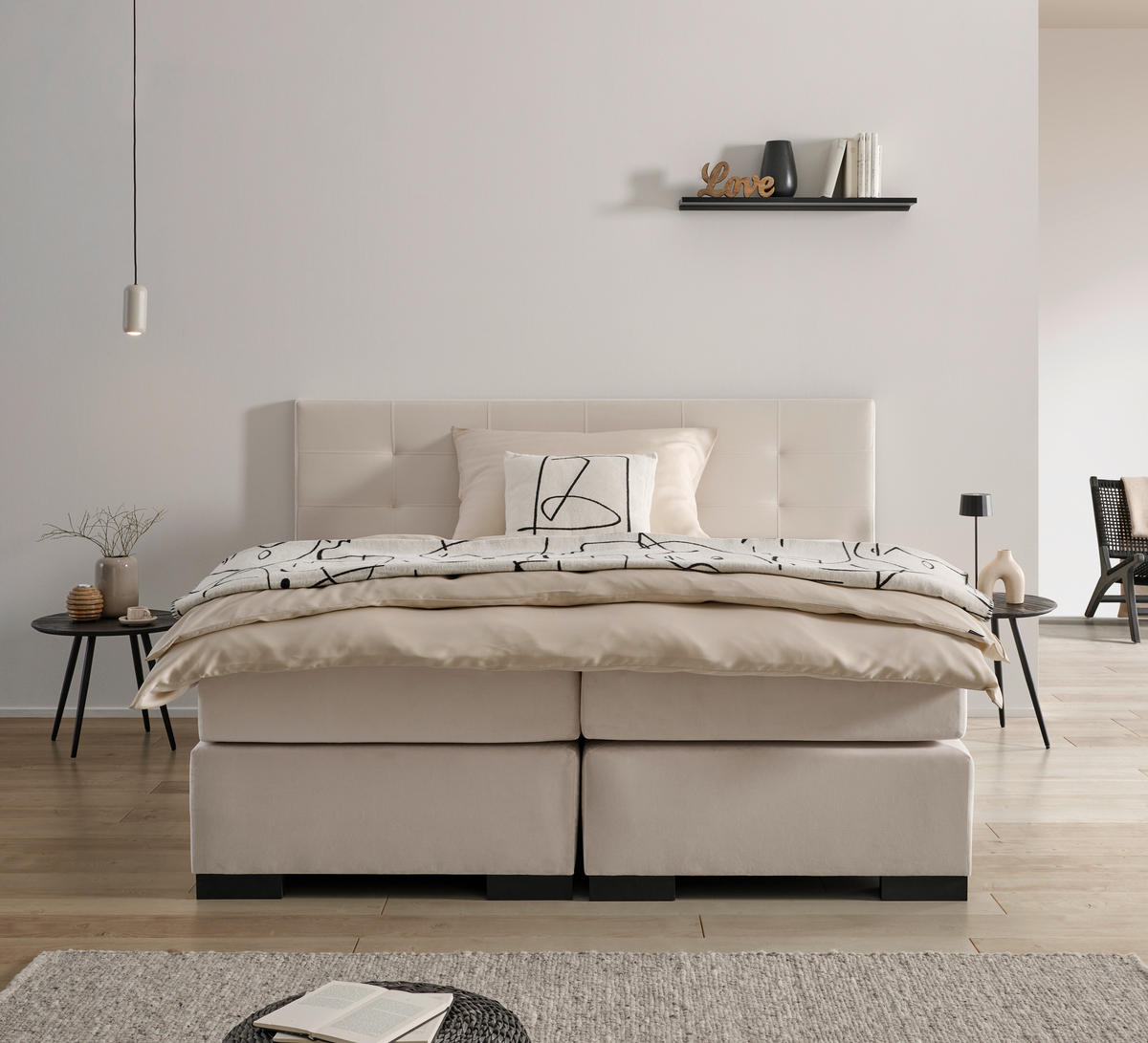 BOXSPRING-ÁGY 180/200 cm  krémszínű  - krémszínű/fekete, Modern, faalapú anyag/karton (180/200cm) - MID.YOU