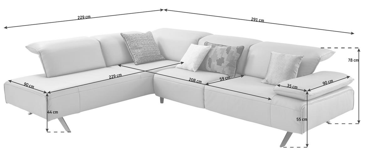 ECKSOFA in Echtleder Silberfarben  230/290 cm  - Dunkelgrau/Anthrazit, Design, Leder/Metall (230/290cm) - Johann Jakob