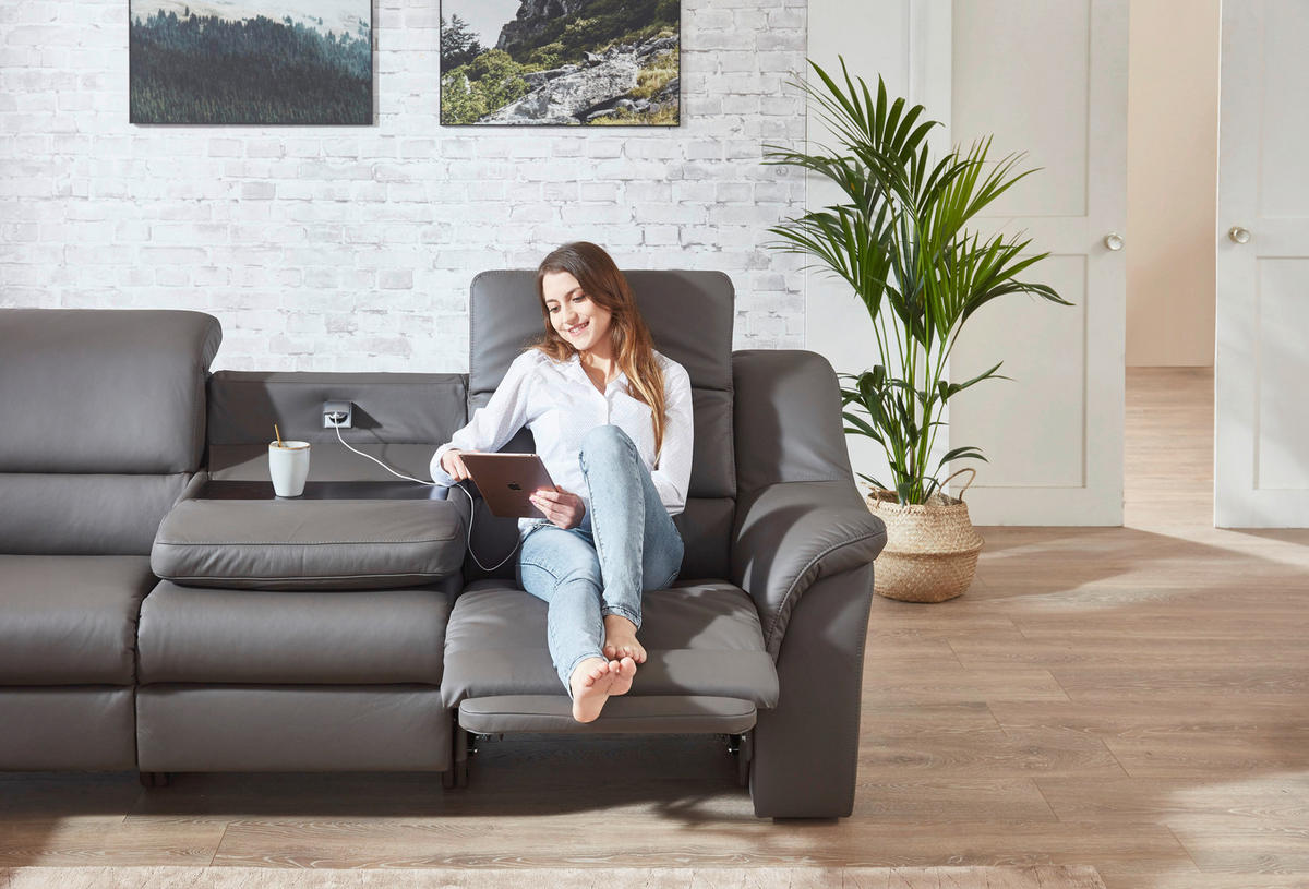 ECKSOFA Grau Echtleder  - Schwarz/Grau, KONVENTIONELL, Leder/Kunststoff (260/324cm) - Cantus