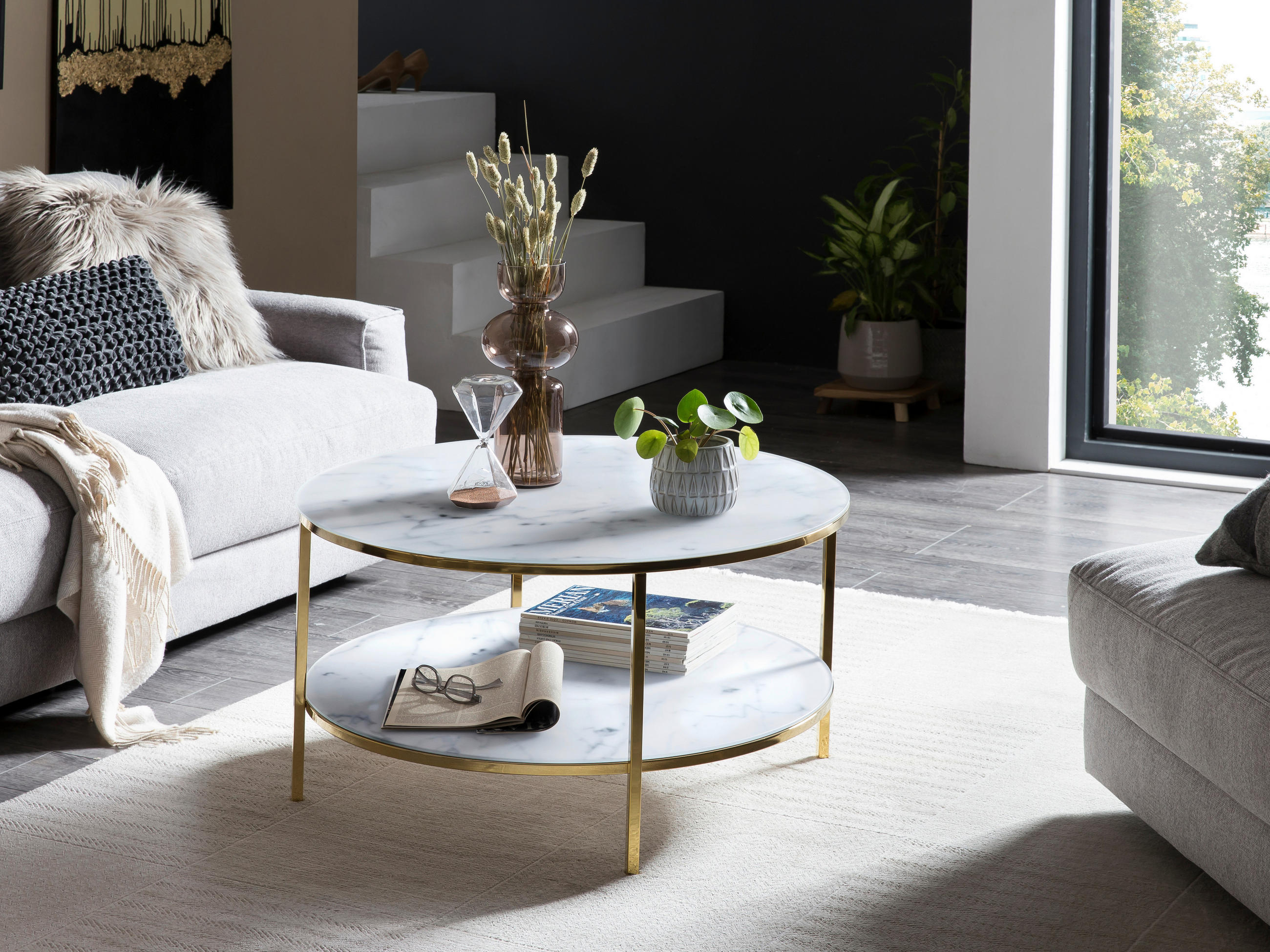 COUCHTISCH 80/80/45 cm rund Weiß, Goldfarben  - Goldfarben/Weiß, Design, Glas/Metall (80/80/45cm) - Livetastic