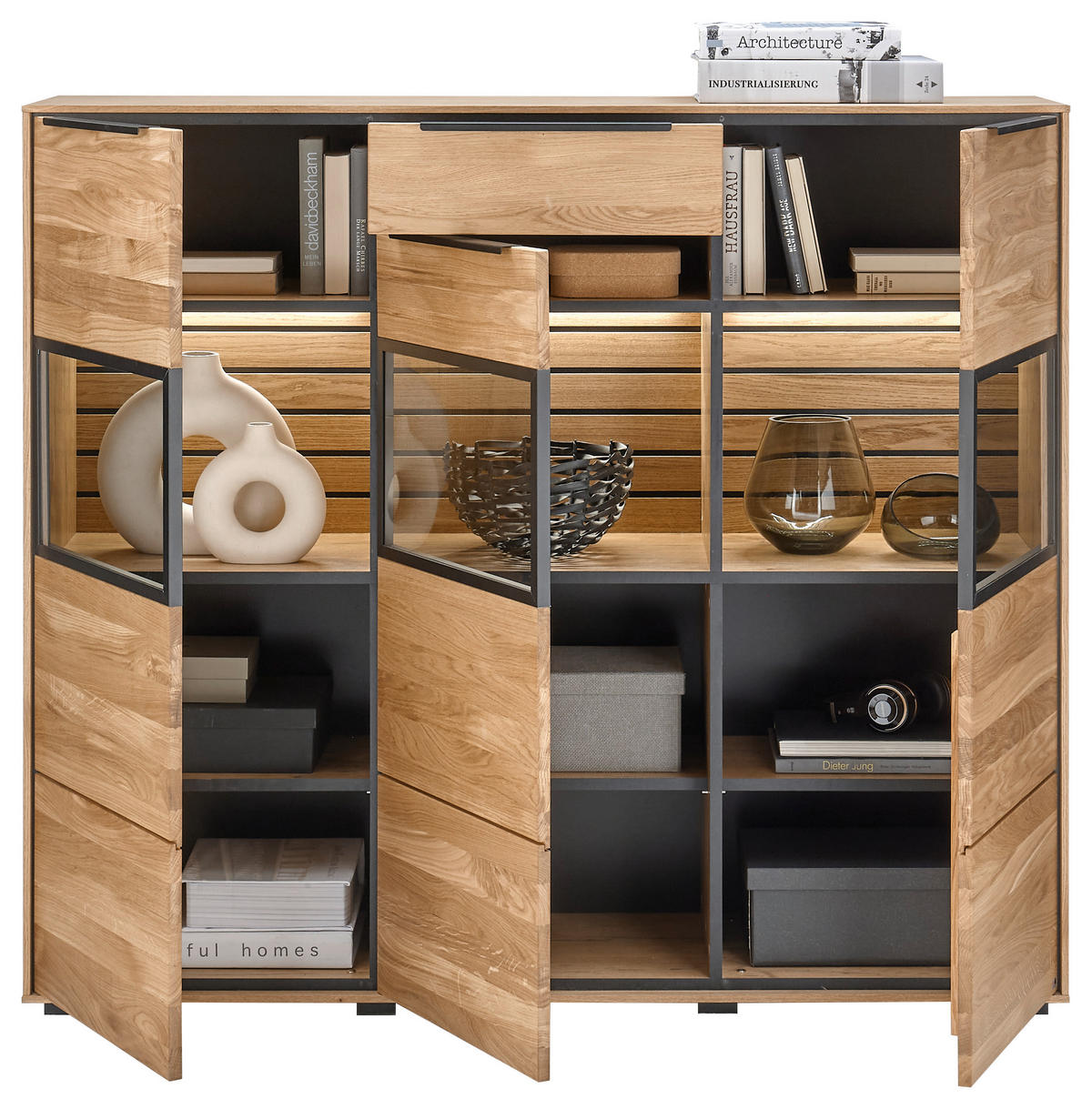 HIGHBOARD  in 150/130/40 cm  - Eichefarben/Schwarz, Trend, Glas/Holz (150/130/40cm) - SetOne by Musterring