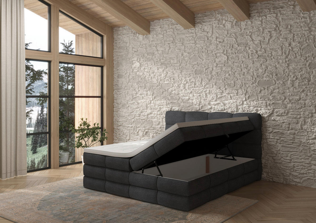 BOXSPRINGBETT 180/200 cm,  in Dunkelgrau, gepolstertes Kopfteil, Bettkasten, Topper, Matratzen, H3 + H3 = fest  - Dunkelgrau/Schwarz, Design, Kunststoff/Textil (180/200cm) - Chameo