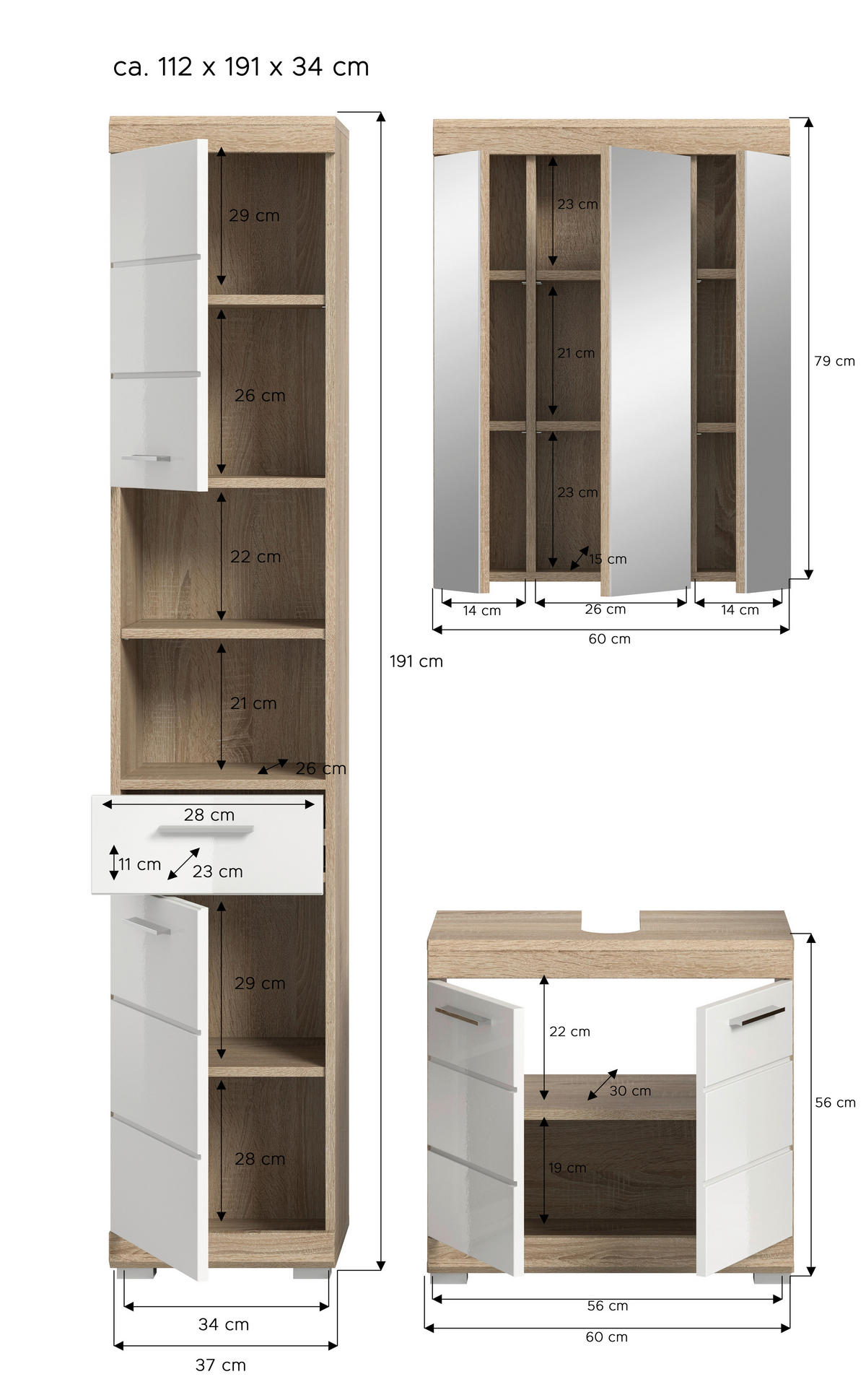 BADEZIMMER 3-teilig  in 97 cm  - Weiß Hochglanz/Silberfarben, MODERN, Glas/Holzwerkstoff (97cm) - MID.YOU