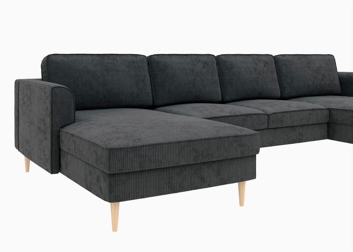 WOHNLANDSCHAFT Dunkelgrau Cord  - Dunkelgrau/Buchefarben, MODERN, Holz/Textil (161/306/161cm) - Trendmanufaktur