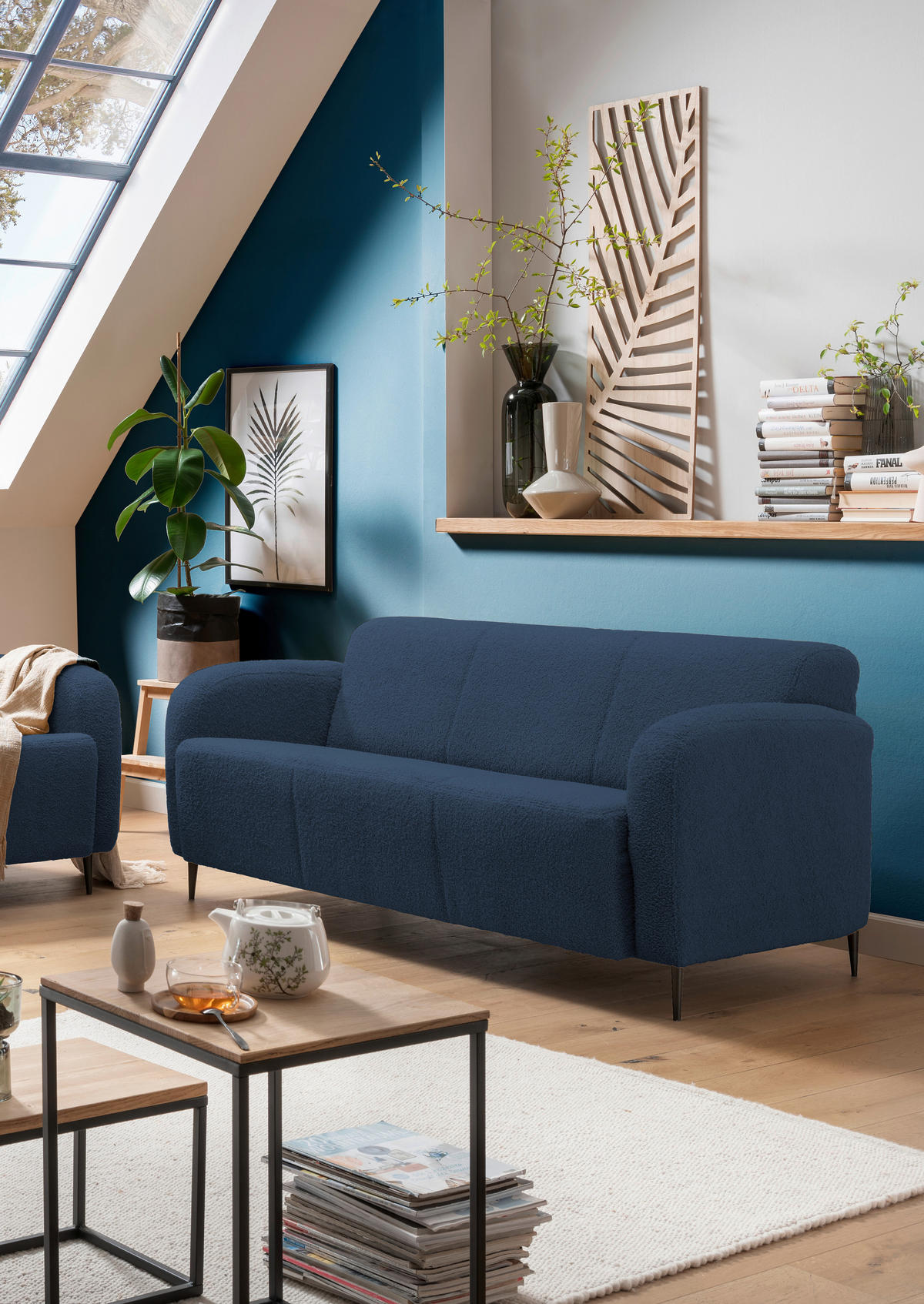 3-SITZER-SOFA Teddystoff Blau  - Blau/Schwarz, MODERN, Textil/Metall (180/76/90cm) - Livetastic