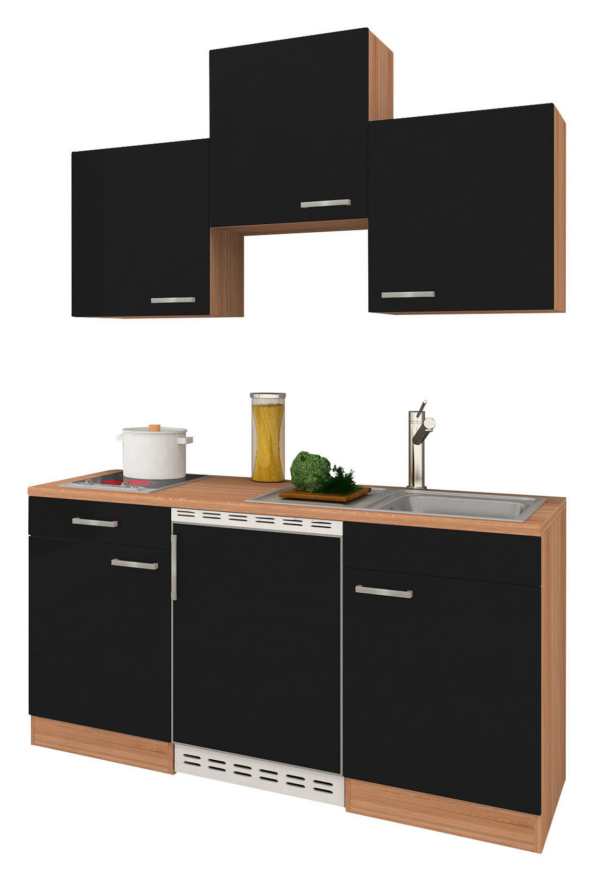 MINIKÜCHE 150 cm   in Schwarz, Eichefarben  - Eichefarben/Schwarz, Basics, Holzwerkstoff (150cm) - Respekta