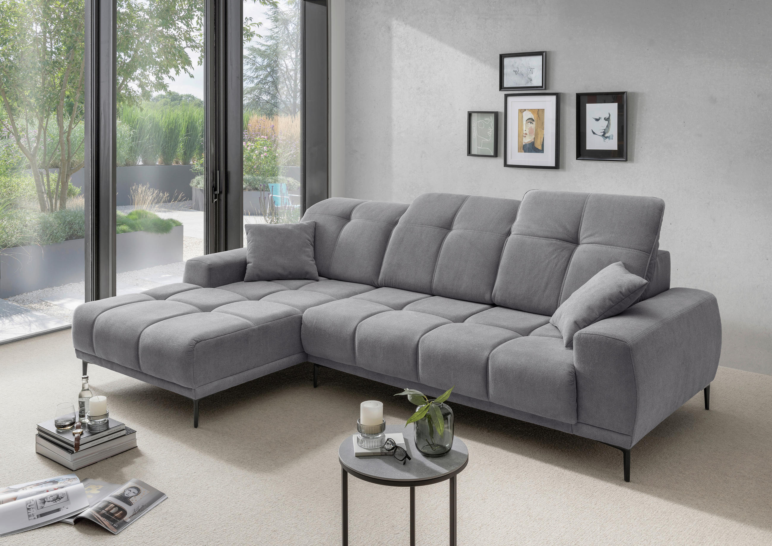 ECKSOFA NESTO Dunkelgrau Chenille Zierkissen, Kopfteilverstellung, Sitztiefenverstellung  - Dunkelgrau/Schwarz, Basics, Textil/Metall (187/292cm) - Livetastic