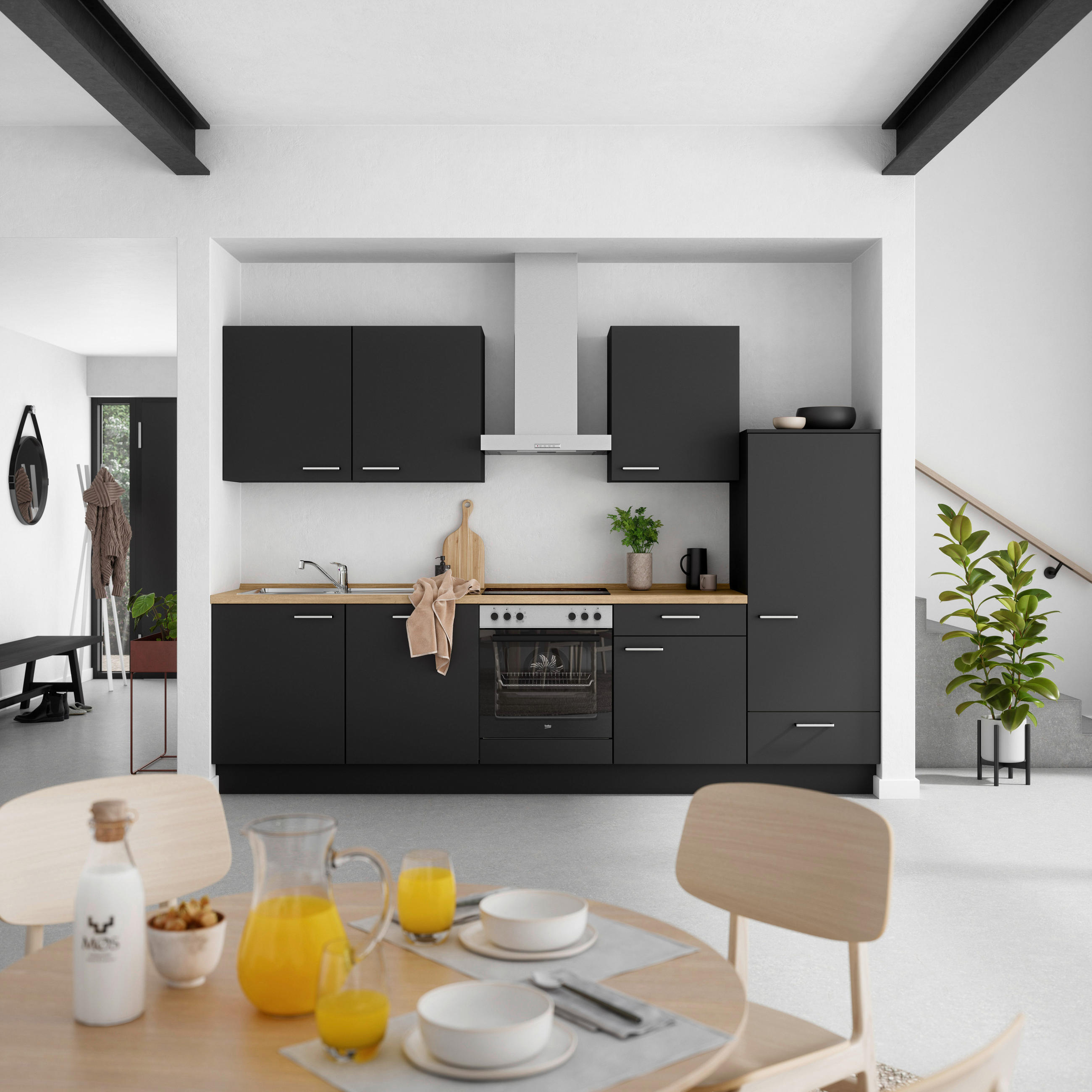 KÜCHENLEERBLOCK 300 cm   in Schwarz, Eichefarben  - Edelstahlfarben/Eichefarben, MODERN, Holzwerkstoff/Metall (300cm) - Nobilia