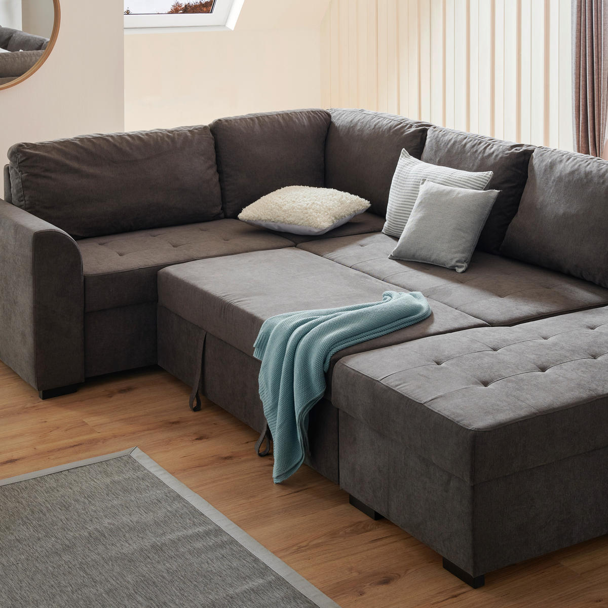 WOHNLANDSCHAFT inkl.Funktionen Beige Webstoff  - Beige/Schwarz, Design, Kunststoff/Textil (205/311/160cm) - Xora
