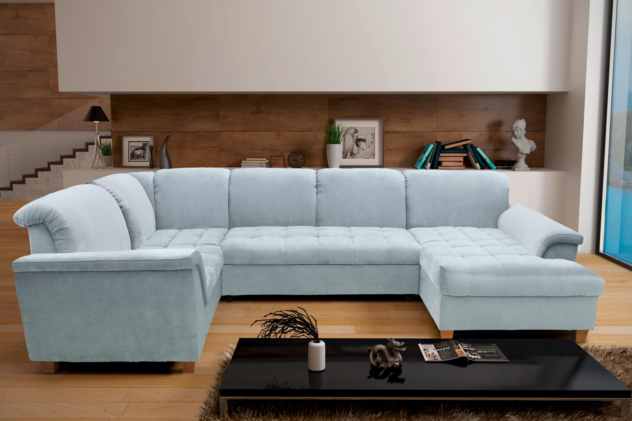 WOHNLANDSCHAFT in Mikrofaser Pastellblau  - Pastellblau/Eichefarben, KONVENTIONELL, Holz/Textil (214/352/170cm) - MID.YOU