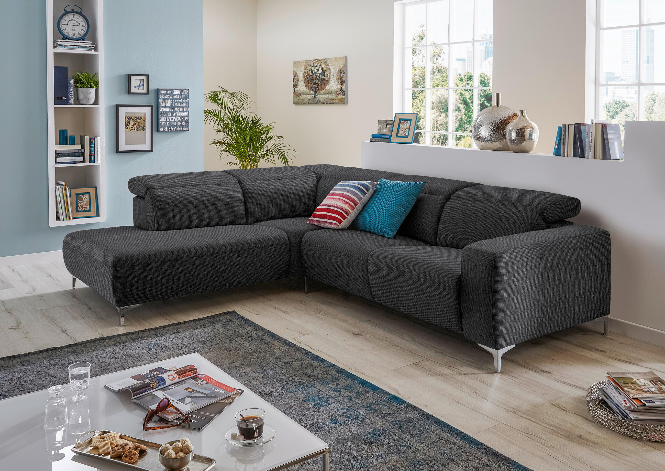 ECKSOFA Dunkelgrau Flachgewebe  - Chromfarben/Dunkelgrau, Design, Textil/Metall (290/238cm) - Pure Home Lifestyle