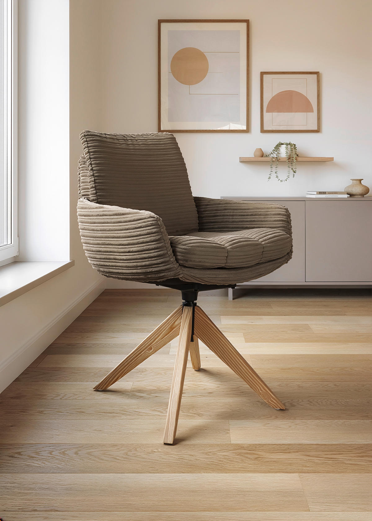 ARMLEHNSTUHL  Beinauswahl, Sitzfläche 360° drehbar, Stoff-/Lederauswahl gerippt  Hellbraun  - Hellbraun/Eichefarben, Design, Holz/Textil (60/91/62cm) - Valdera