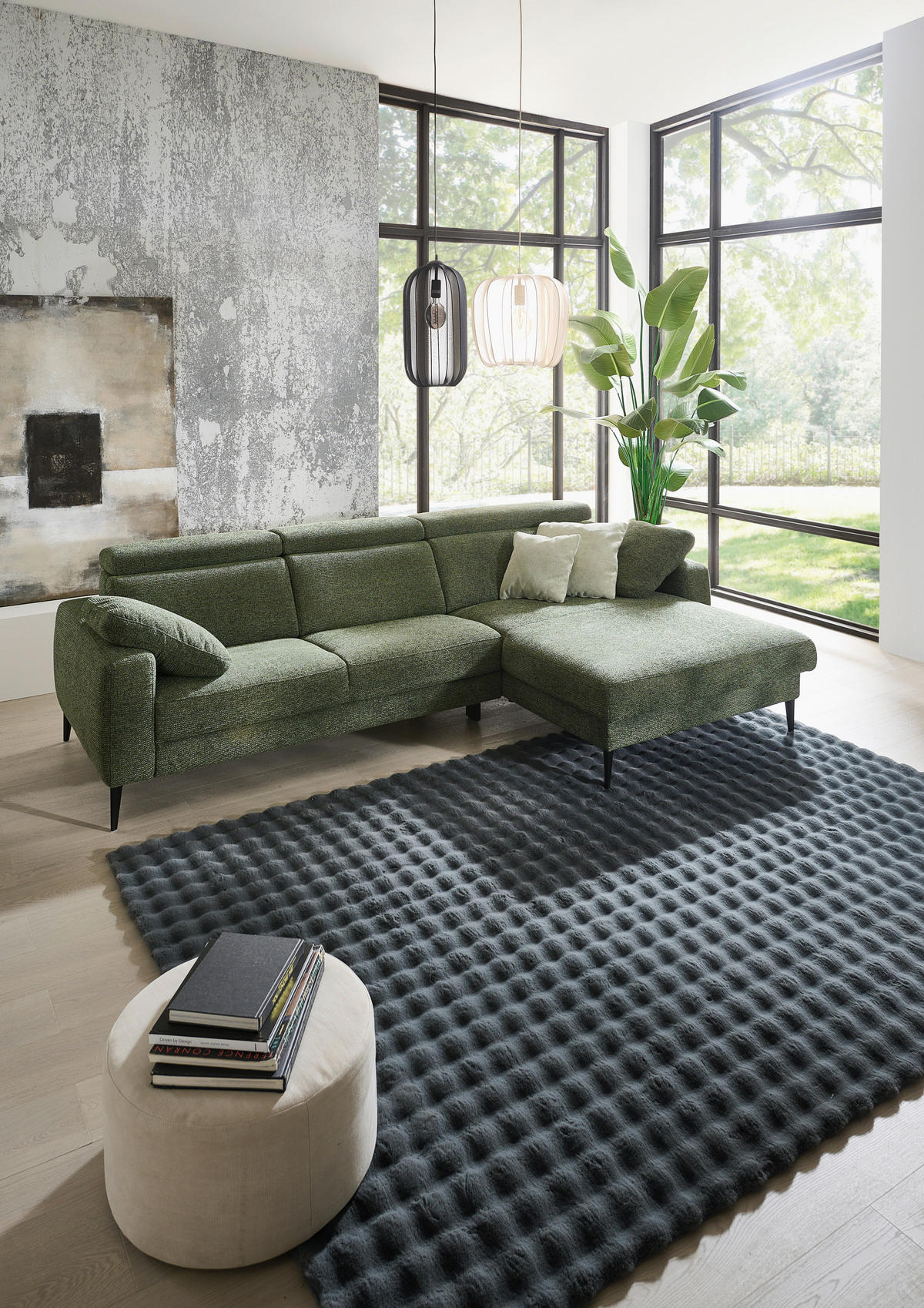 ECKSOFA Grün Chenille  - Schwarz/Grün, KONVENTIONELL, Textil/Metall (300/177cm) - Valdera