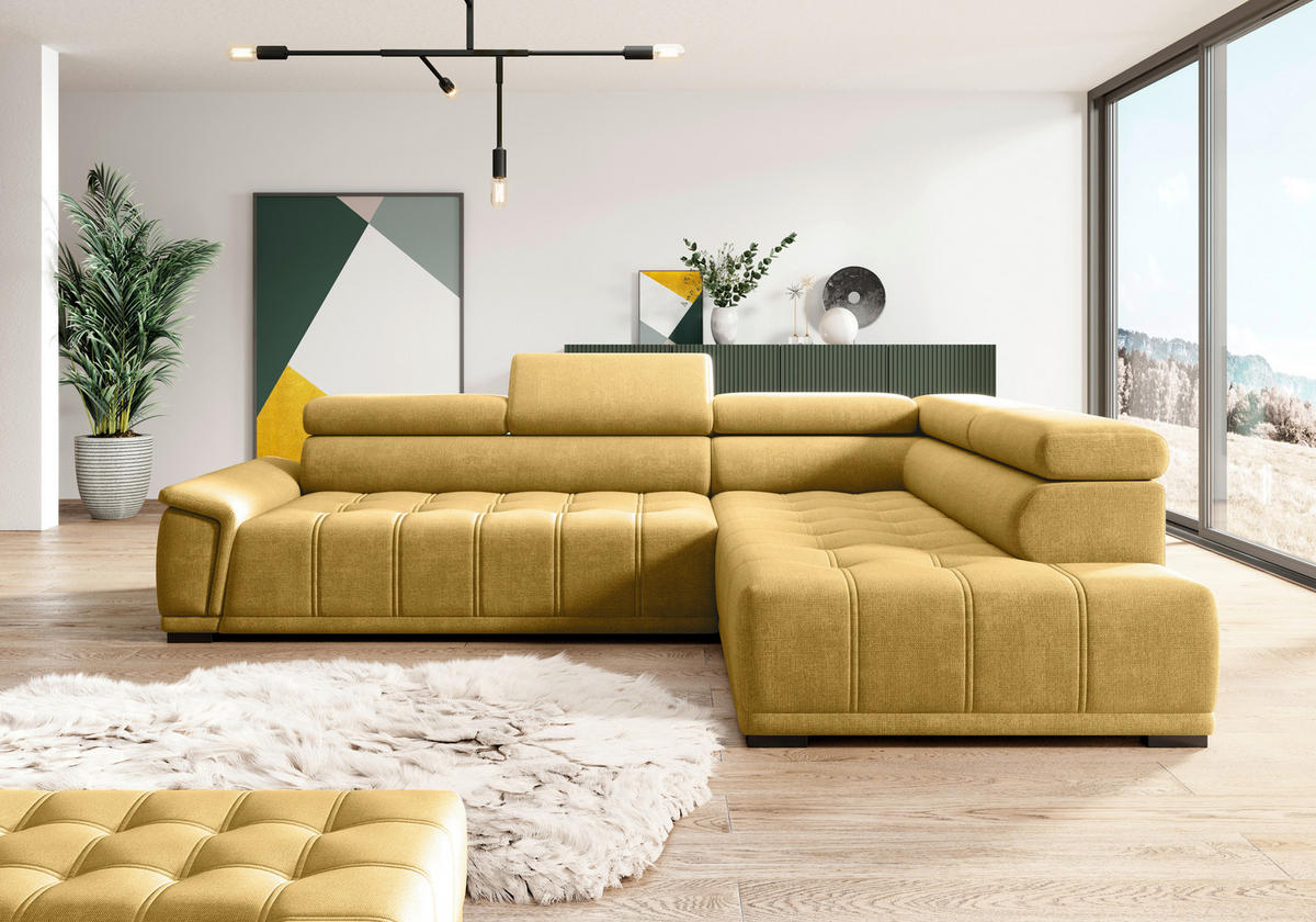 HÖRNSOFFA i chenille, vävt tyg senapsgul  - svart/senapsgul, Modern, textil/plast (283/106cm) - MID.YOU