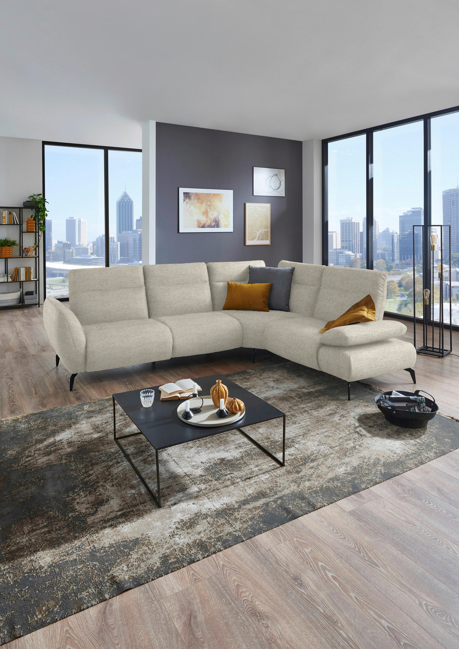 ECKSOFA in Webstoff Beige  - Beige/Schwarz, Design, Textil/Metall (290/223cm) - Moderano